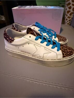 Golden Goose Hi Star Leopard Accent Sneakers with Blue Laces